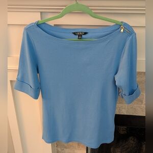 Lauren Ralph Lauren Sky Blue Boatneck Top with Zip-Shoulder